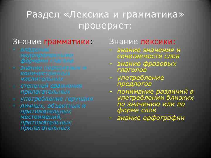  Раздел «Лексика и грамматика» проверяет: Знание грамматики: Знание лексики: - владение - знание