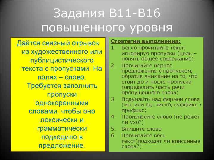  Задания В 11 -В 16 повышенного уровня Даётся связный отрывок Стратегии выполнения: 1.