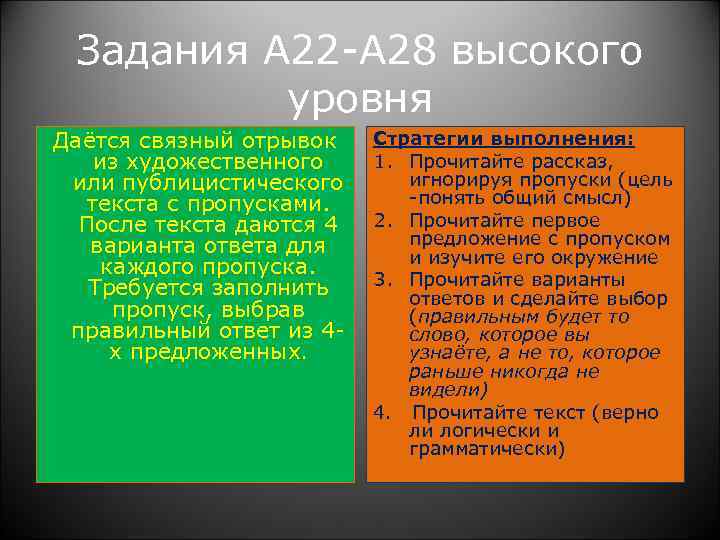  Задания А 22 -А 28 высокого уровня Даётся связный отрывок Стратегии выполнения: из