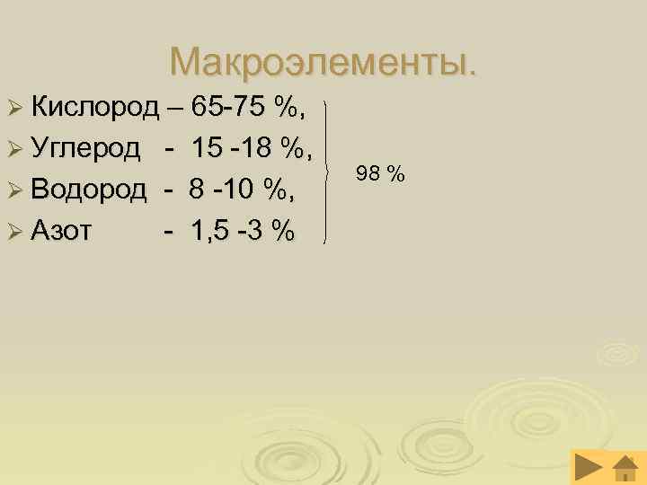  Макроэлементы. Ø Кислород – 65 -75 %, Ø Углерод - 15 -18 %,