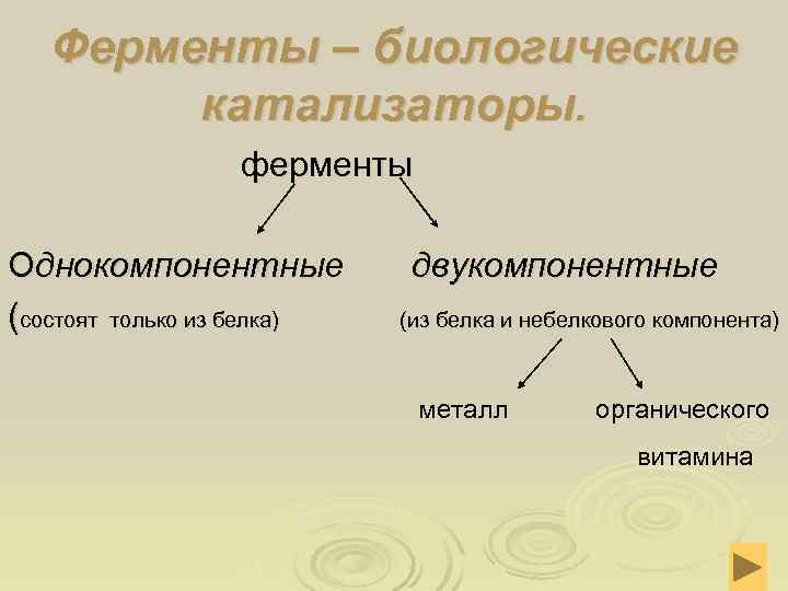  Ферменты – биологические катализаторы. ферменты Однокомпонентные двукомпонентные (состоят только из белка) (из белка