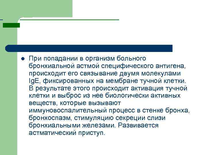  l При попадании в организм больного бронхиальной астмой специфического антигена, происходит его связывание