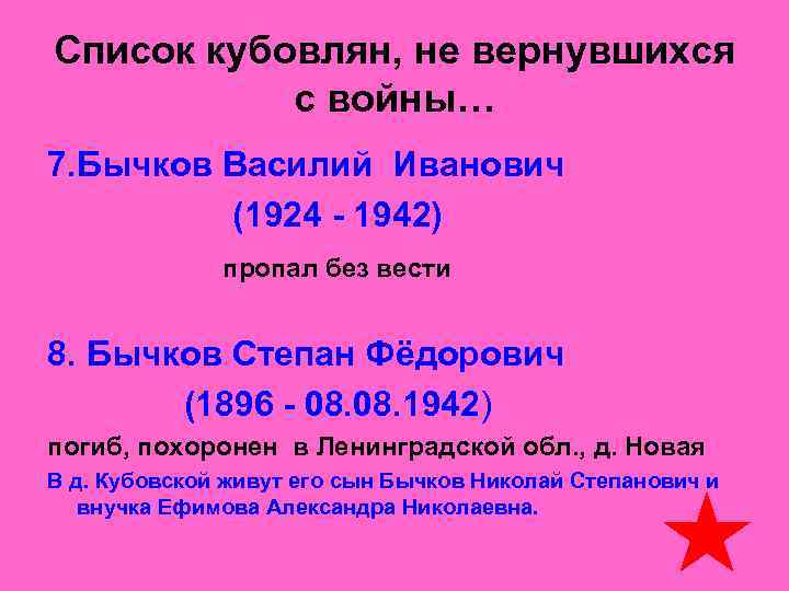 Список кубовлян, не вернувшихся   с войны… 7. Бычков Василий Иванович  
