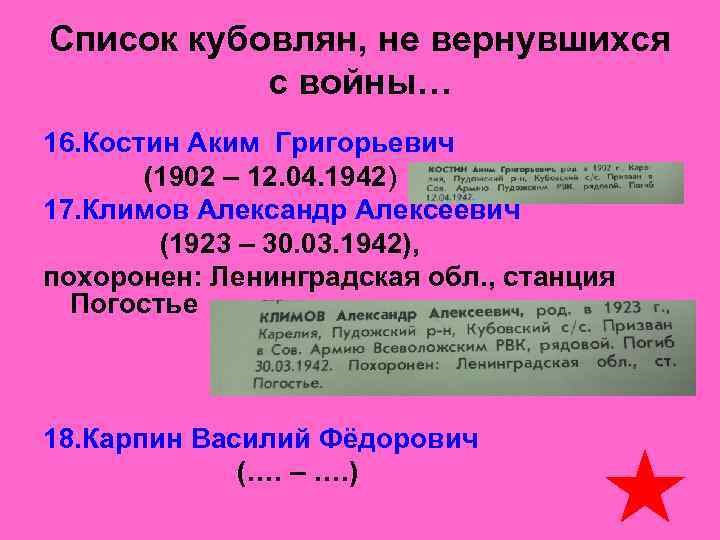 Список кубовлян, не вернувшихся   с войны… 16. Костин Аким Григорьевич  