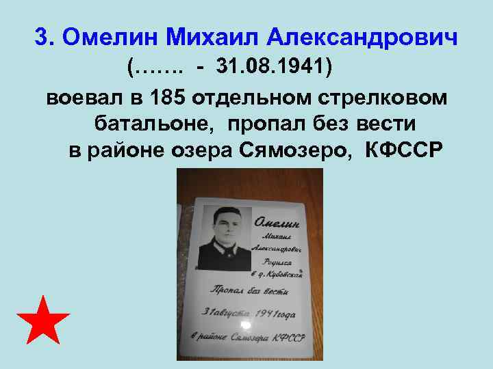 3. Омелин Михаил Александрович   (…….  - 31. 08. 1941)  воевал