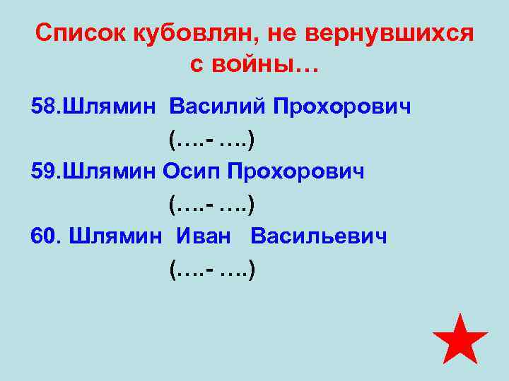 Список кубовлян, не вернувшихся   с войны… 58. Шлямин Василий Прохорович  