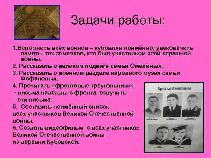    Задачи работы: 1. Вспомнить всех воинов – кубовлян поимённо, увековечить память