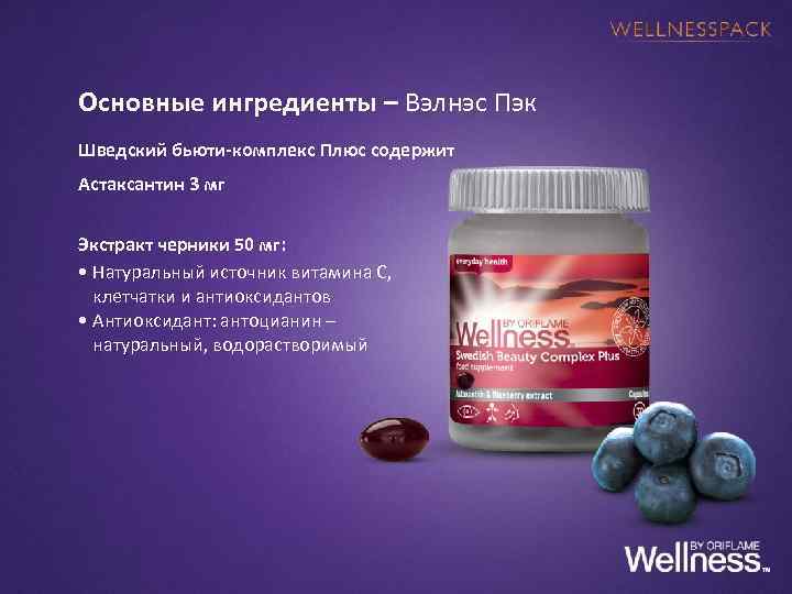 Основные ингредиенты – Вэлнэс Пэк Шведский бьюти-комплекс Плюс содержит Астаксантин 3 мг  Экстракт