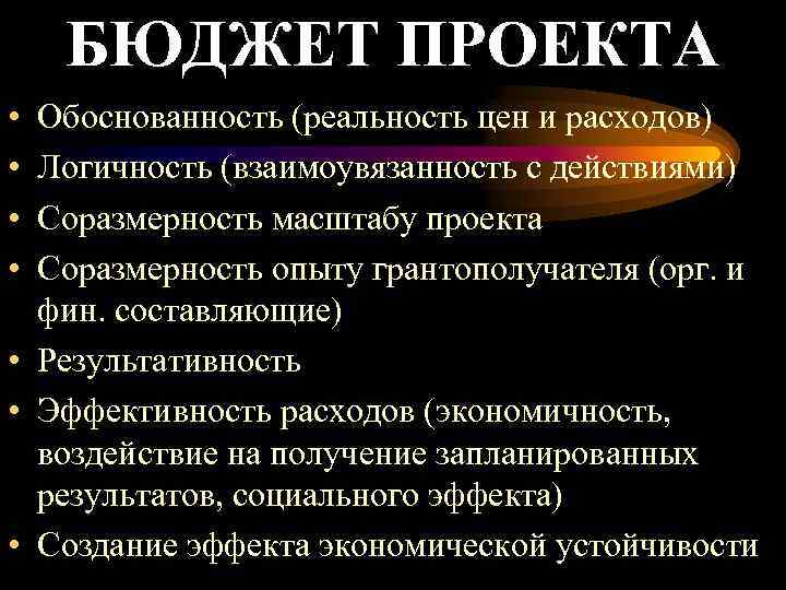  БЮДЖЕТ ПРОЕКТА • Обоснованность (реальность цен и расходов) • Логичность (взаимоувязанность с действиями)