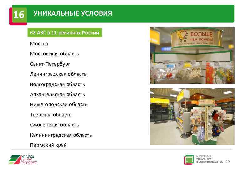 16 УНИКАЛЬНЫЕ УСЛОВИЯ 62 АЗС в 11 регионах России Москва Московская область Санкт-Петербург Ленинградская