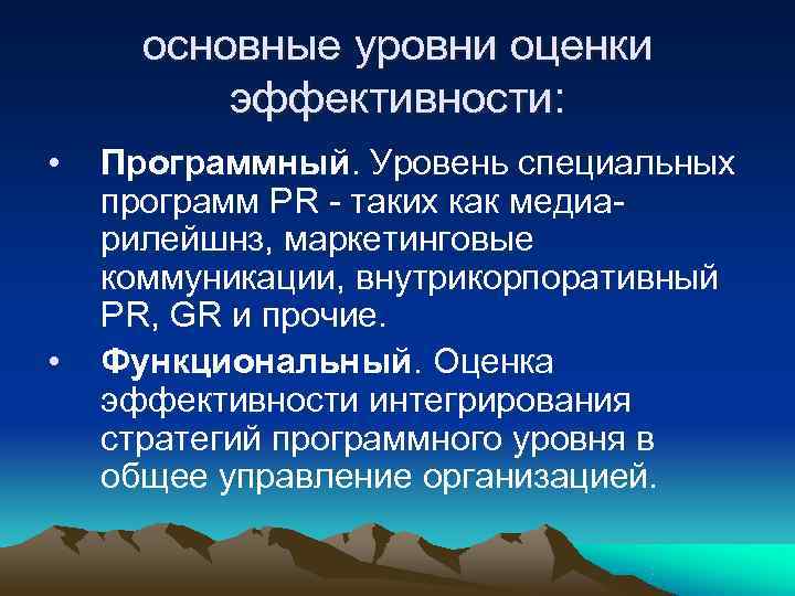  основные уровни оценки  эффективности:  •  Программный. Уровень специальных программ PR