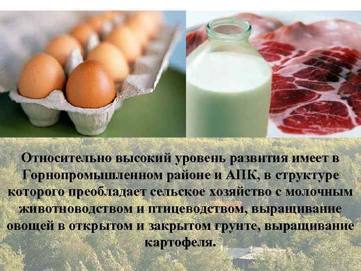  Относительно высокий уровень развития имеет в Горнопромышленном районе и АПК, в структуре которого