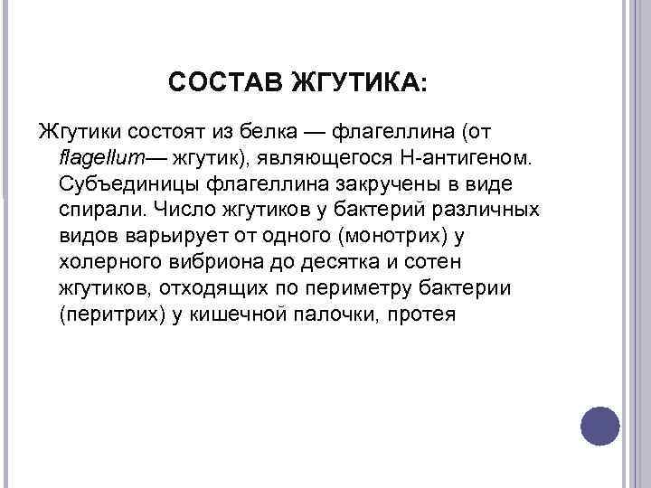   СОСТАВ ЖГУТИКА: Жгутики состоят из белка — флагеллина (от  flagellum— жгутик),