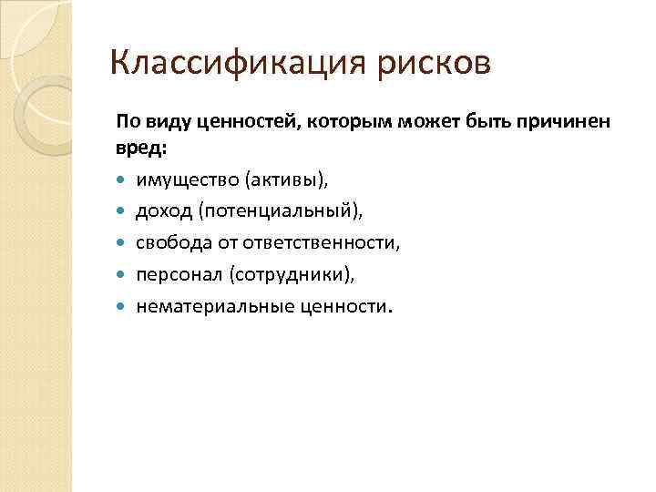 Классификация рисков По виду ценностей, которым может быть причинен вред: имущество (активы), доход (потенциальный),