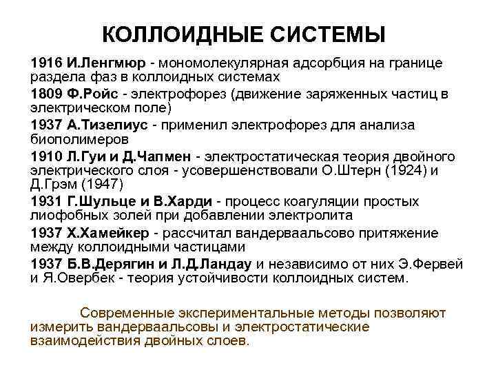 КОЛЛОИДНЫЕ СИСТЕМЫ 1916 И. Ленгмюр - мономолекулярная адсорбция на границе раздела КОЛЛОИДНЫЕ СИСТЕМЫ 1916 И. Ленгмюр - мономолекулярная адсорбция на границе раздела