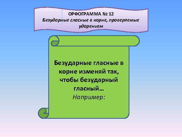  ОРФОГРАММА № 12 Безударные гласные в корне, проверяемые ударением Безударные гласные в корне