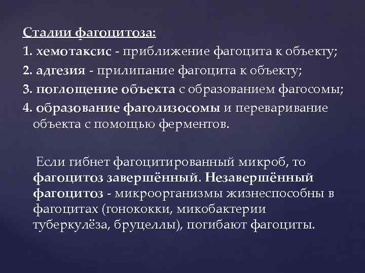 Стадии фагоцитоза: 1. хемотаксис - приближение фагоцита к объекту; 2. адгезия - прилипание фагоцита