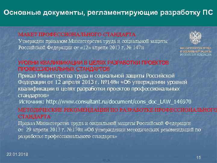 Основные документы, регламентирующие разработку ПС МАКЕТ ПРОФЕССИОНАЛЬНОГО СТАНДАРТА Утвержден приказом Министерства труда и социальной