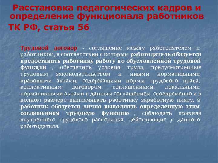  Расстановка педагогических кадров и определение функционала работников ТК РФ, статья 56 Трудовой договор