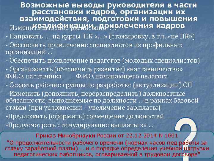  Возможные выводы руководителя в части расстановки кадров, организации их взаимодействия, подготовки и повышения