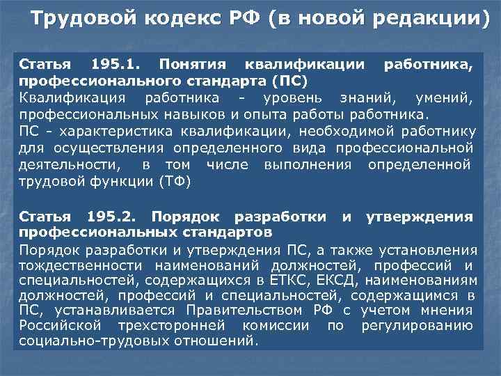  Трудовой кодекс РФ (в новой редакции) Статья 195. 1. Понятия квалификации работника, профессионального