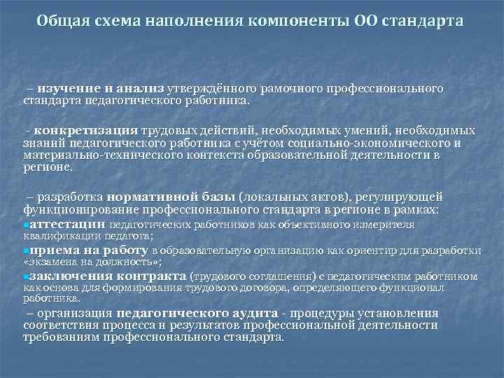  Общая схема наполнения компоненты ОО стандарта – изучение и анализ утверждённого рамочного профессионального