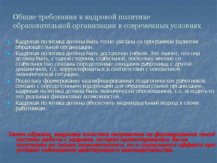  Общие требования к кадровой политике образовательной организации в современных условиях n Кадровая политика