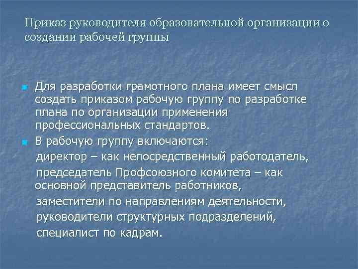 Приказ руководителя образовательной организации о создании рабочей группы n Для разработки грамотного плана имеет