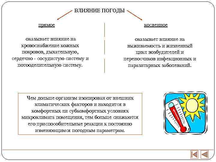     ВЛИЯНИЕ ПОГОДЫ  прямое     