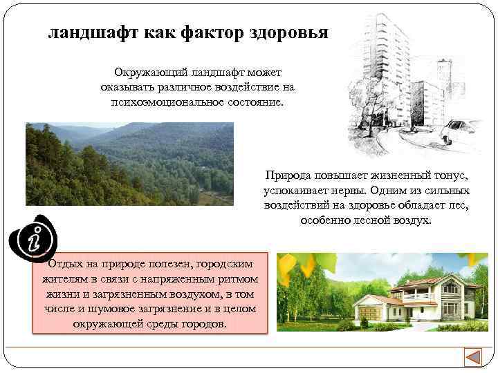  ландшафт как фактор здоровья   Окружающий ландшафт может  оказывать различное воздействие