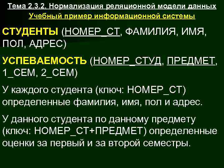  Тема 2. 3. 2. Нормализация реляционной модели данных  Учебный пример информационной системы