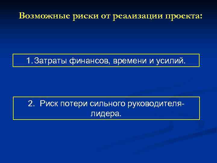 Возможные риски от реализации проекта: 1. Затраты финансов, времени и усилий. 2. Риск потери