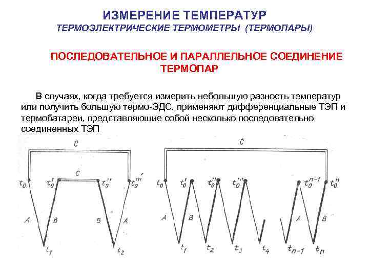  ИЗМЕРЕНИЕ ТЕМПЕРАТУР ТЕРМОЭЛЕКТРИЧЕСКИЕ ТЕРМОМЕТРЫ (ТЕРМОПАРЫ) ПОСЛЕДОВАТЕЛЬНОЕ И ПАРАЛЛЕЛЬНОЕ СОЕДИНЕНИЕ ТЕРМОПАР В случаях, когда