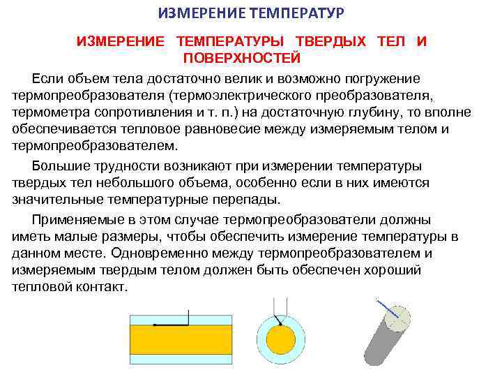  ИЗМЕРЕНИЕ ТЕМПЕРАТУРЫ ТВЕРДЫХ ТЕЛ И ПОВЕРХНОСТЕЙ Если объем тела достаточно велик и возможно