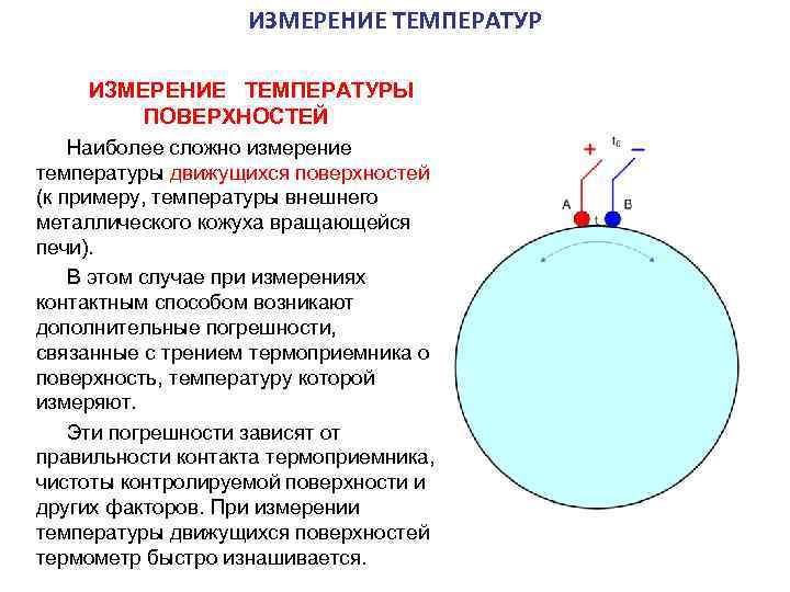  ИЗМЕРЕНИЕ ТЕМПЕРАТУРЫ ПОВЕРХНОСТЕЙ Наиболее сложно измерение температуры движущихся поверхностей (к примеру, температуры внешнего