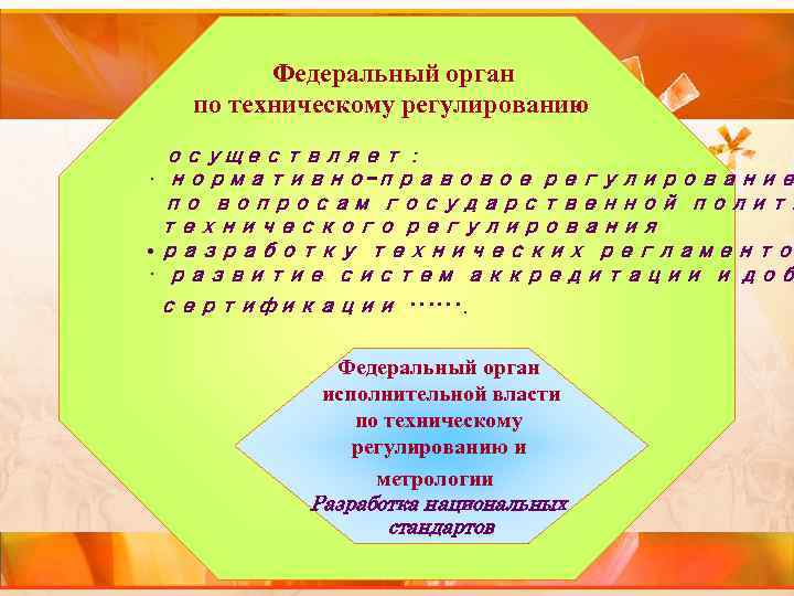  Федеральный орган по техническому регулированию осуществляет : • нормативно-правовое регулирование по вопросам государственной