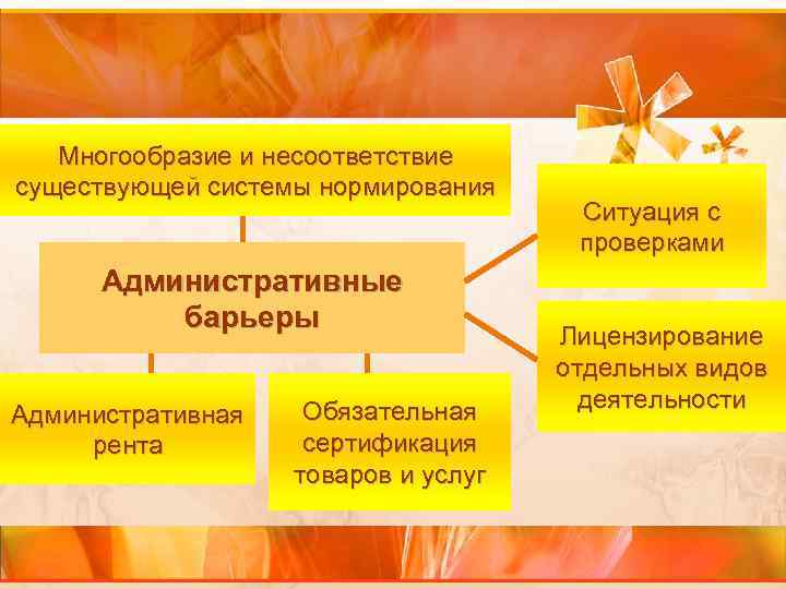  Многообразие и несоответствие существующей системы нормирования Ситуация с проверками Административные барьеры Лицензирование отдельных