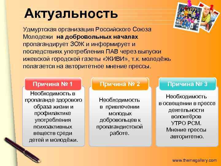 Актуальность Удмуртская организация Российского Союза Молодежи на добровольных началах пропагандирует ЗОЖ и информирует и