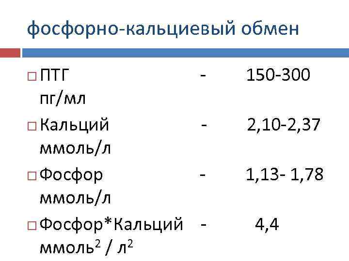 фосфорно-кальциевый обмен  ПТГ   -  150 -300  пг/мл  Кальций