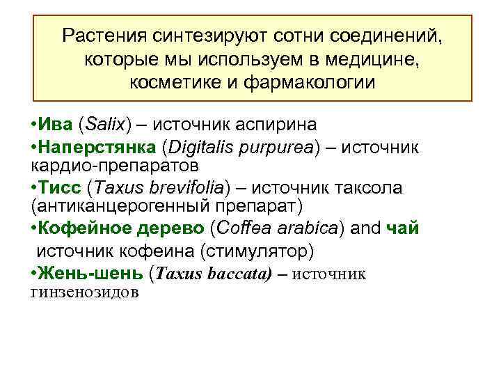  Растения синтезируют сотни соединений, которые мы используем в медицине, косметике и фармакологии •