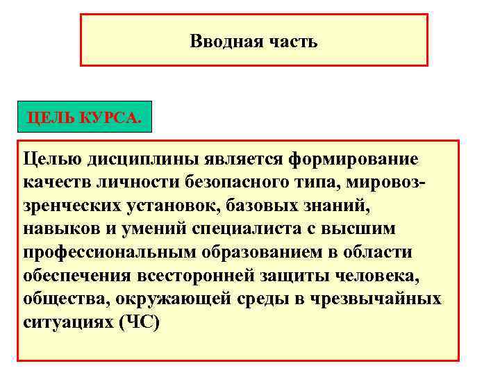  Вводная часть ЦЕЛЬ КУРСА. Целью дисциплины является формирование качеств личности безопасного типа, мировоз-