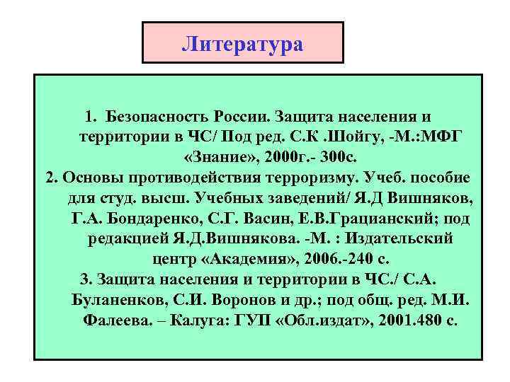  Литература 1. Безопасность России. Защита населения и территории в ЧС/ Под ред. С.
