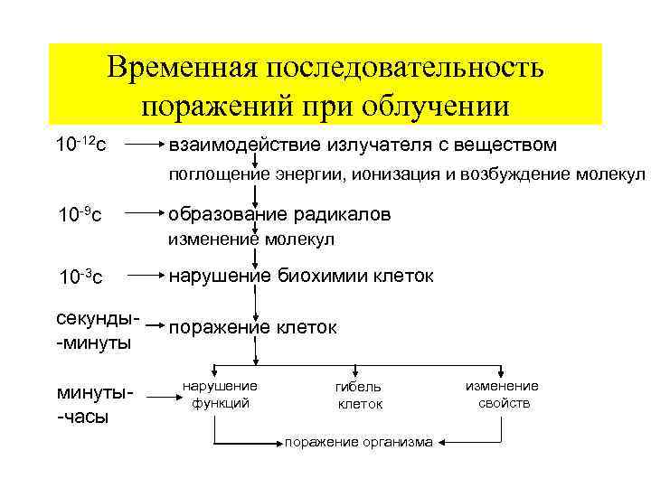  Временная последовательность поражений при облучении 10 -12 с взаимодействие излучателя с веществом поглощение