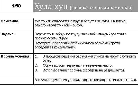  150   Хула-хуп (физика, очень динамичная) Описание:   Участники становятся в