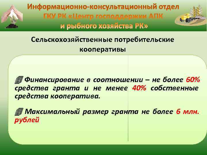  Сельскохозяйственные потребительские кооперативы Финансирование в соотношении – не более 60% средства гранта и