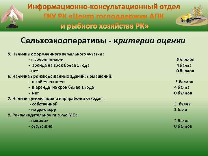  Сельхозкооперативы - критерии оценки 5. Наличие оформленного земельного участка : - в собственности