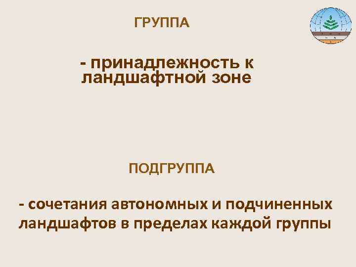  ГРУППА - принадлежность к ландшафтной зоне ПОДГРУППА - сочетания автономных и подчиненных ландшафтов