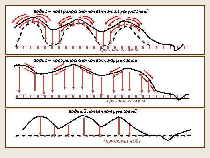 водно – поверхностно-почвенно-потускулярный Грунтовые воды водно – поверхностно-почвенно-грунтовый Грунтовые воды водный почвенно-грунтовый Грунтовые воды