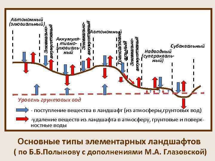  Автономный (элювиальный) Автономный Аккумуля- тивно- Субаквальный элювиаль- ный Надводный (суперакваль- ный) Уровень грунтовых