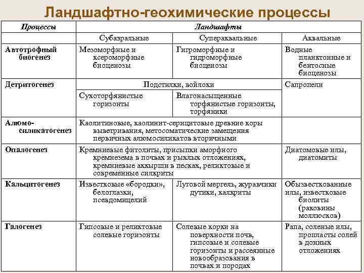  Ландшафтно-геохимические процессы Процессы Ландшафты Субаэральные Супераквальные Аквальные Автотрофный Мезоморфные и Гигроморфные и Водные